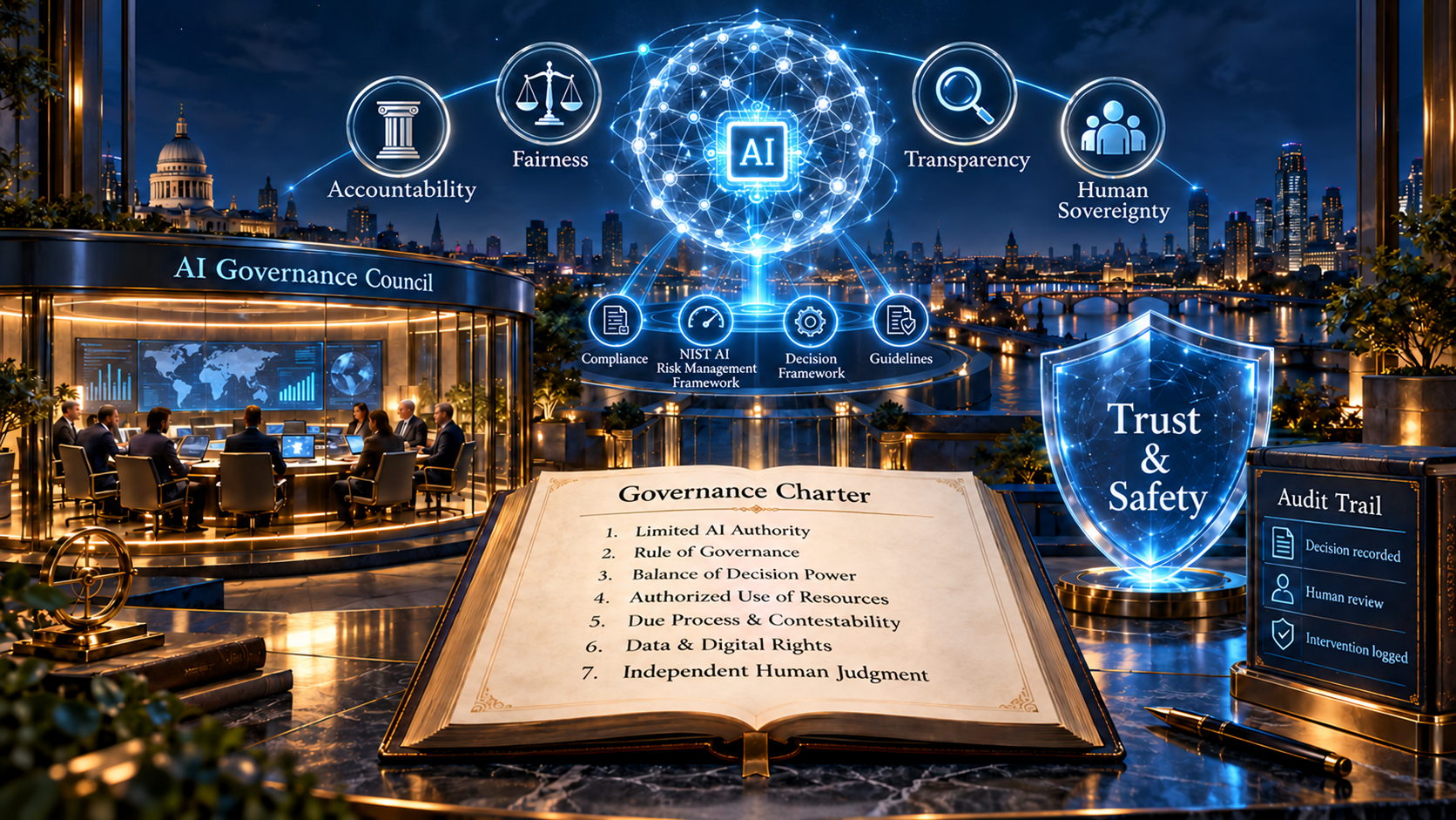 Conseil de gouvernance de l’IA, charte de gouvernance, NIST AI Risk Management Framework et bouclier Trust & Safety.